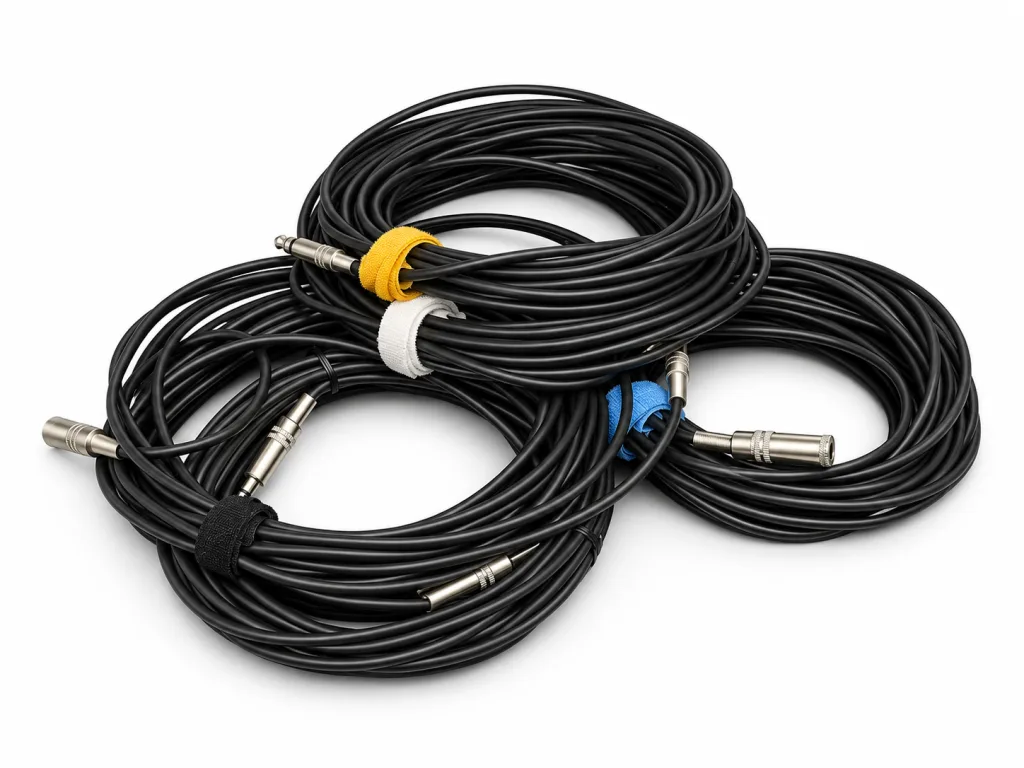 Opgerolde audiokabels met klittenband