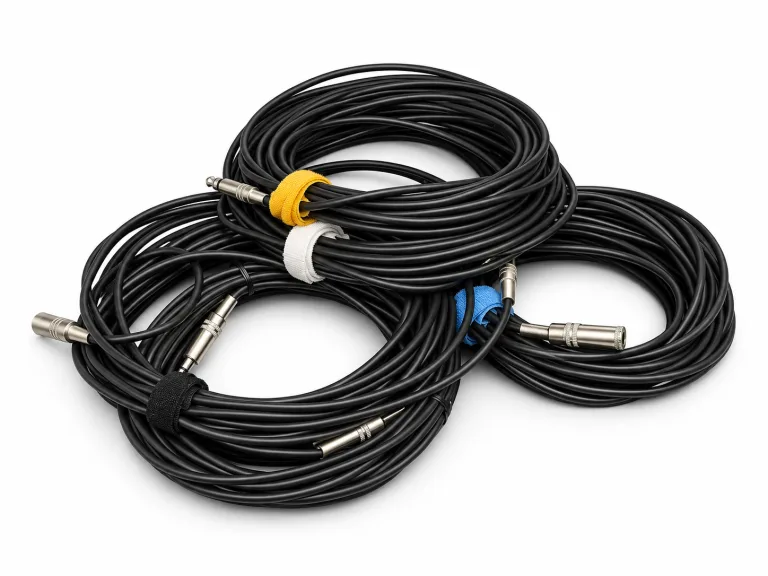 Opgerolde audiokabels met klittenband